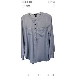Ann Taylor Womens XL Blue Gray Long Sleeve Band Collar Button Front Blouse Top